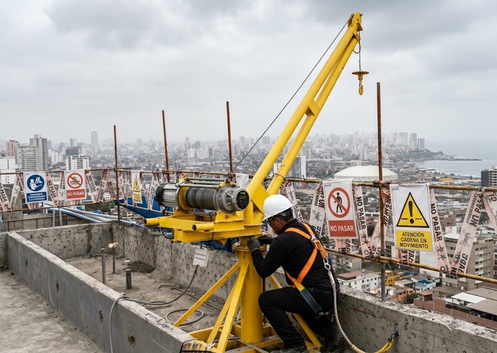 Técnico operando un winche eléctrico amarillo instalado en una obra en altura