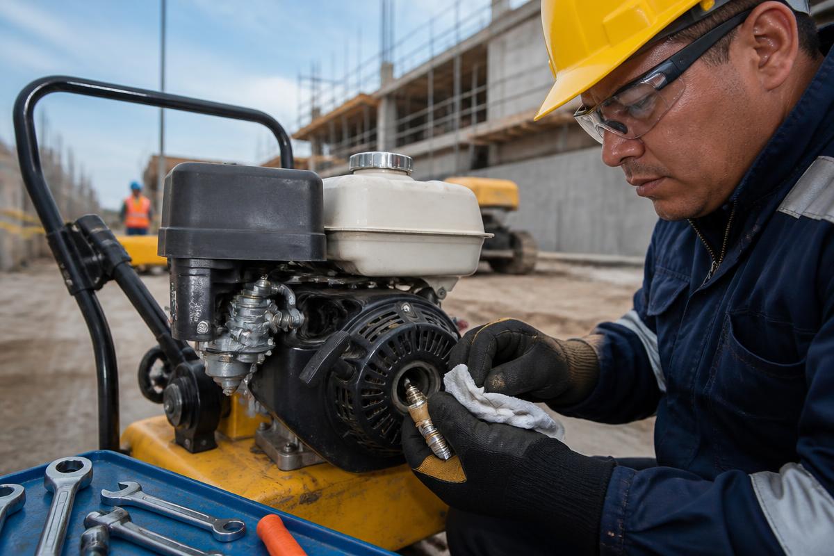 Técnico revisando la bujía de un motor a gasolina ahogado